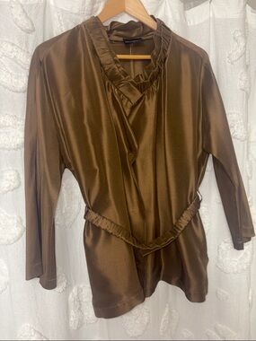 Emporio Armani Olive-Brown Silk Blouse with Ruched Neck with belt s/m